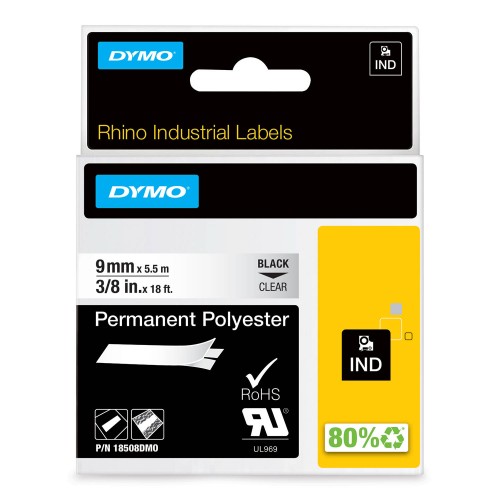 Dymo Rhino Poliestera Lente 18508 9mm x 5.5m  melns uz caurspīdīgas / stingri pielīpoša