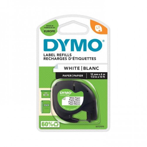 Dymo LetraTag Papīra Lente S0721500 12mm x 4m melns uz baltas – 10 gab.