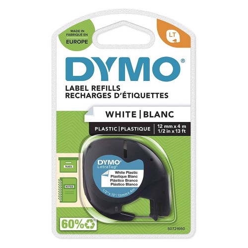 Dymo LetraTag Plastikāta  Lente S0721560 12mm x 4m melns uz baltas – 10 gab.