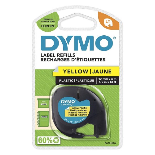 Dymo LetraTag Plastikāta  Lente S0721570 12mm x 4m  melns uz dzeltenas – 10 gab.