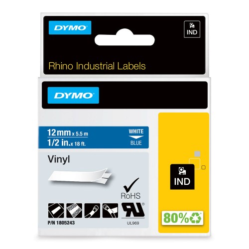Dymo Rhino Vinila Lente 1805243 12mm x 5.5m balts uz zilas