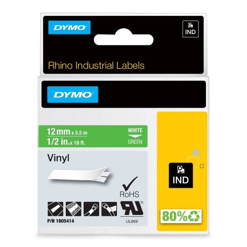 Dymo Rhino Vinila Lente 1805414 12mm x 5.5m balts uz zaļas