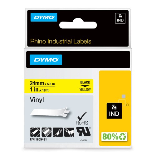 Dymo Rhino Vinila Lente 1805431 24mm x 5.5m  melns uz dzeltenas
