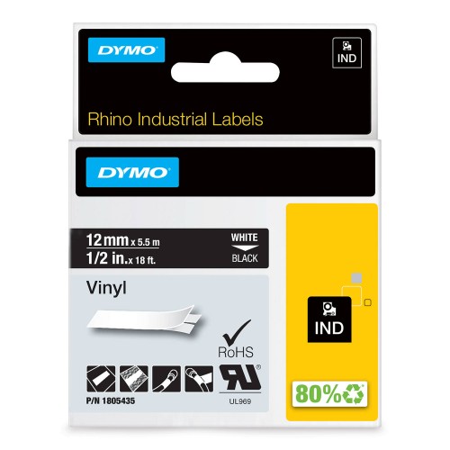 Dymo Rhino Vinila Lente 1805435 12mm x 5.5m balts uz melnas