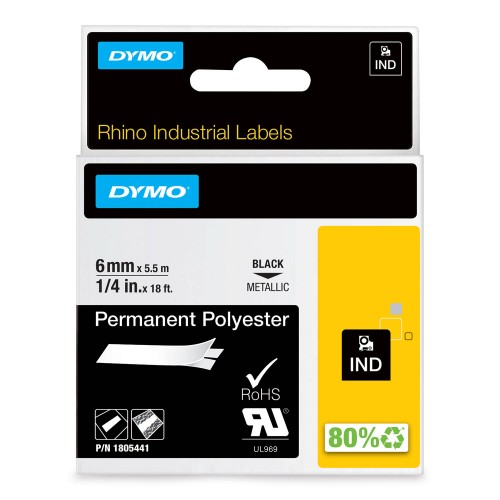 Dymo Rhino Poliestera Lente 1805441 6mm x 5.5m  melns uz metalizētas / stingri pielīpoša