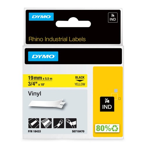 Dymo Rhino Vinila Lente 18433 19mm x 5.5m  melns uz dzeltenas - S0718470
