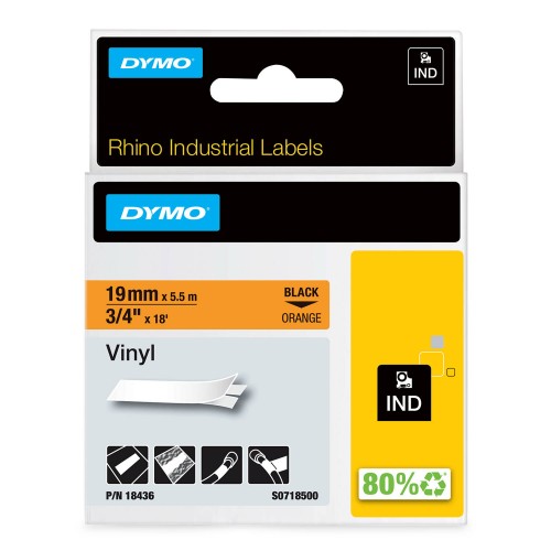 Dymo Rhino Vinila Lente 18436 19mm x 5.5m  melns uz oranžas