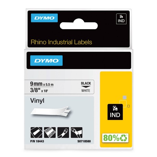 Dymo Rhino Vinila Lente 18443 9mm x 5.5m melns uz baltas