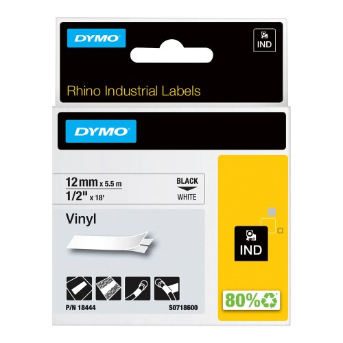 Dymo Rhino Vinila Lente 18444 12mm x 5.5m melns uz baltas