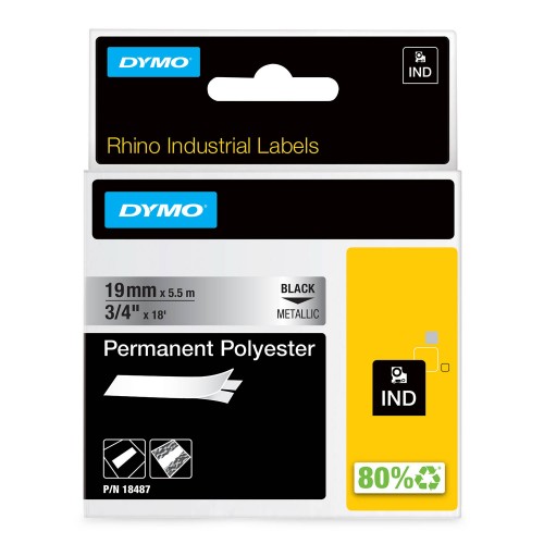 Dymo Rhino Poliestera Lente 18487 19mm x 5.5m  melns uz metalizētas / stingri pielīpoša