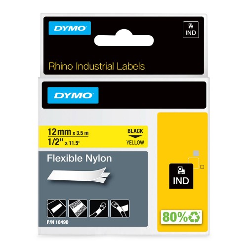 Dymo Rhino Neilona Lente 18490 12mm x 3.5m  melns uz dzeltenas / elastīgs