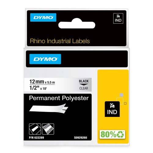 Dymo Rhino Poliestera Lente 622289 12mm x 5.5m  melns uz caurspīdīgas / stingri pielīpoša