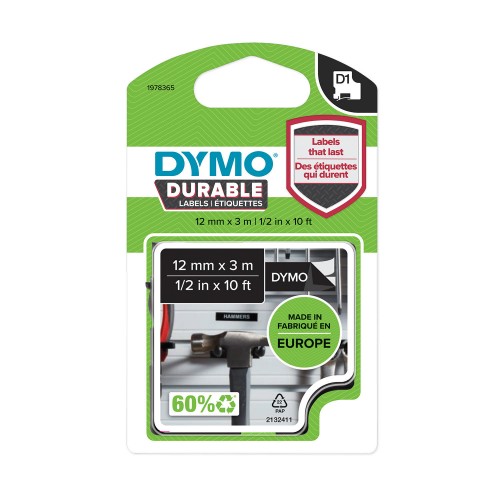Dymo lente D1 Durable 1978365 12mm x 3m balts uz melna