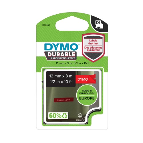 Dymo lente D1 Durable 1978366 12mm x 3m balts uz sarkana