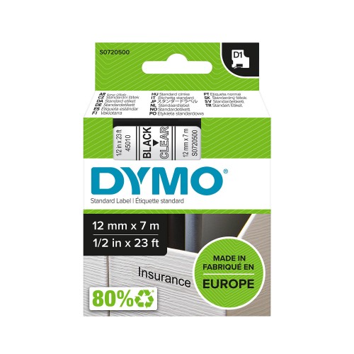 Dymo Lente D1 45010 12mm x 7m /  melns uz caurspīdīgas – S0720500