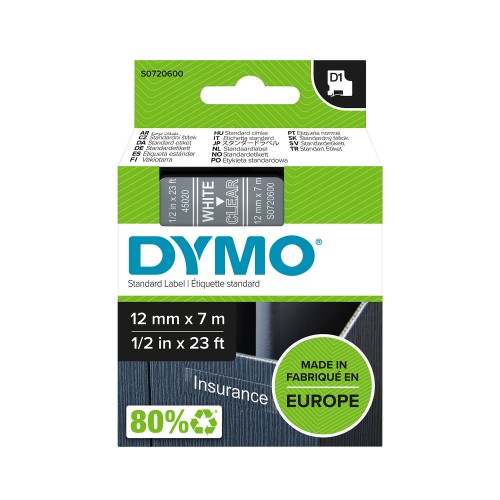 Dymo Lente D1 45020 12mm x 7m / balts uz caurspīdīgas – S0720600