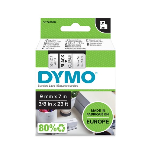 Dymo Lente D1 40910 9mm x 7m  melns uz caurspīdīgas – S0720670