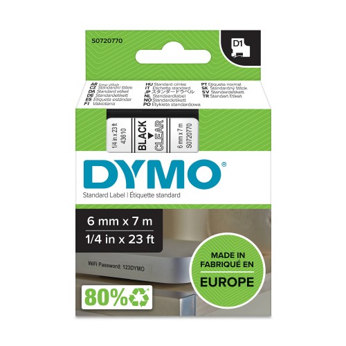 Dymo Lente D1 43610 6mm x 7m  melns uz caurspīdīgas – S0720770