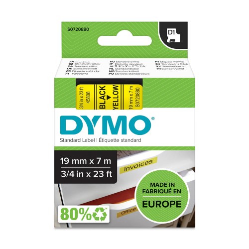 Dymo Lente D1 45808 19mm x 7m /  melns uz dzeltenas – S0720880